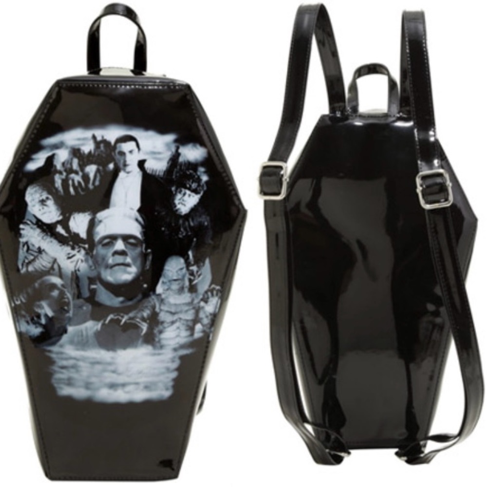 Gothic Black Coffin Backpack with Monster Print